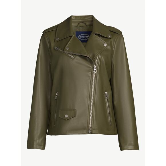 Scoop Womens Faux Leather Moto Jacket Asymmetrical Zip Olive Night Green Size L - Picture 2 of 7